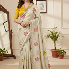 Off White Georgette Floral Mirror Work Saree