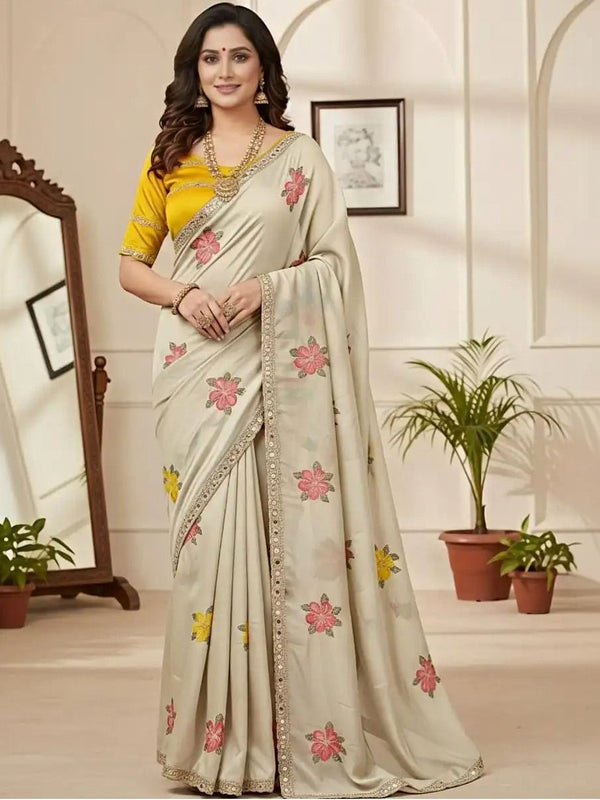 Off White Georgette Floral Mirror Work Saree