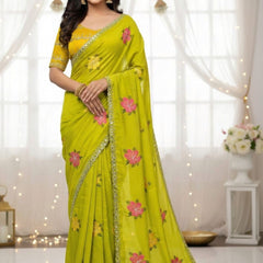Parrot Green Georgette Floral Mirror Work Saree