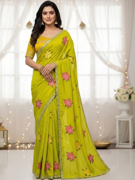 Parrot Green Georgette Floral Mirror Work Saree