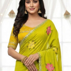 Parrot Green Georgette Floral Mirror Work Saree