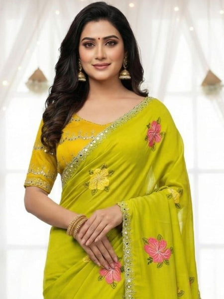 Parrot Green Georgette Floral Mirror Work Saree