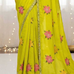 Parrot Green Georgette Floral Mirror Work Saree