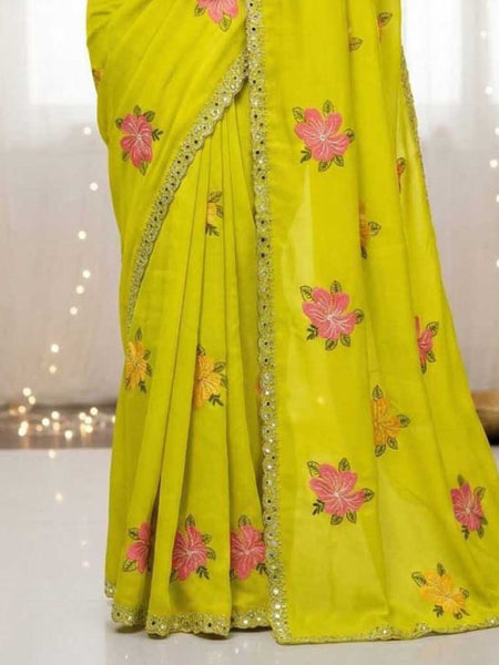 Parrot Green Georgette Floral Mirror Work Saree