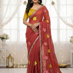 Peach Georgette Floral Embroidered Mirror Work Saree
