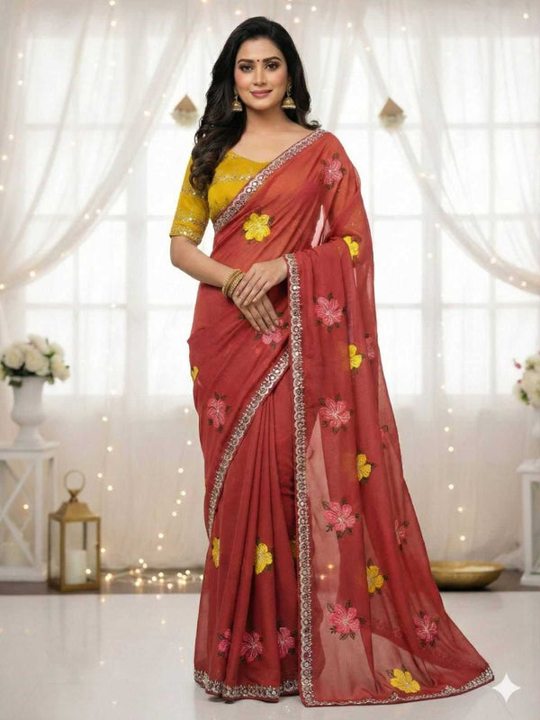 Peach Georgette Floral Embroidered Mirror Work Saree