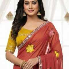 Peach Georgette Floral Embroidered Mirror Work Saree