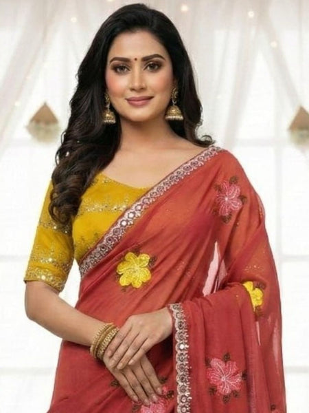 Peach Georgette Floral Embroidered Mirror Work Saree