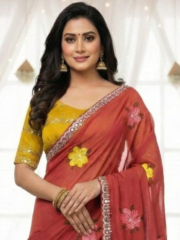 Peach Georgette Floral Embroidered Mirror Work Saree