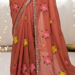 Peach Georgette Floral Embroidered Mirror Work Saree