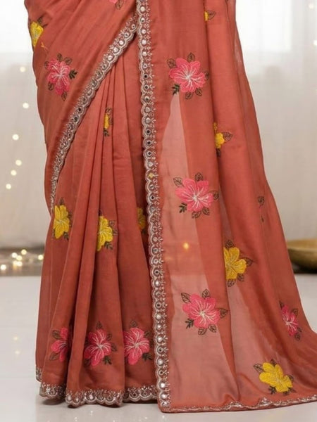 Peach Georgette Floral Embroidered Mirror Work Saree