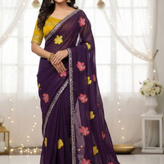 Purple Georgette Floral Embroidered Mirror Work Saree