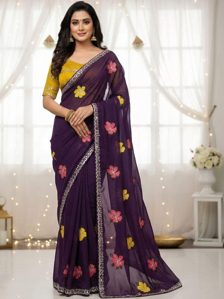 Purple Georgette Floral Embroidered Mirror Work Saree