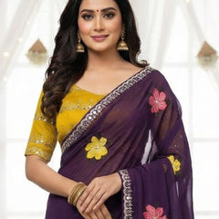 Purple Georgette Floral Embroidered Mirror Work Saree