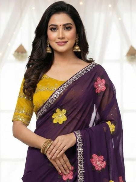Purple Georgette Floral Embroidered Mirror Work Saree