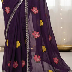 Purple Georgette Floral Embroidered Mirror Work Saree