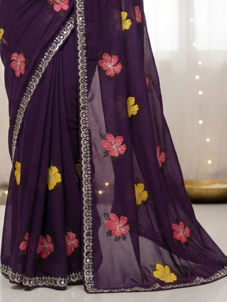 Purple Georgette Floral Embroidered Mirror Work Saree
