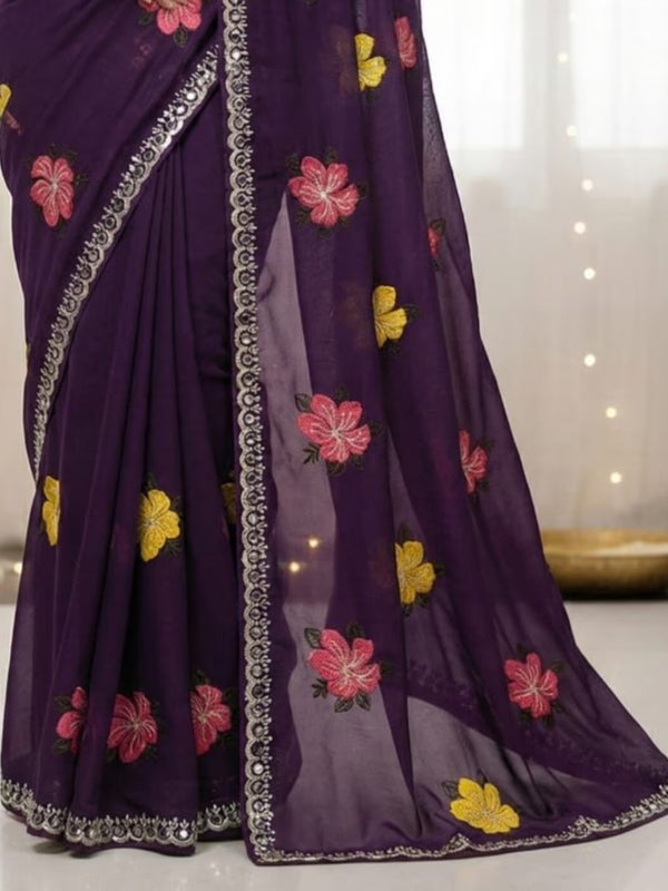 Purple Georgette Floral Embroidered Mirror Work Saree
