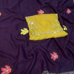 Purple Georgette Floral Embroidered Mirror Work Saree