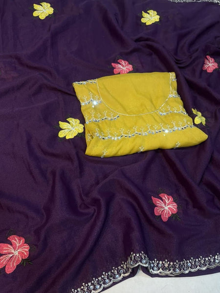 Purple Georgette Floral Embroidered Mirror Work Saree