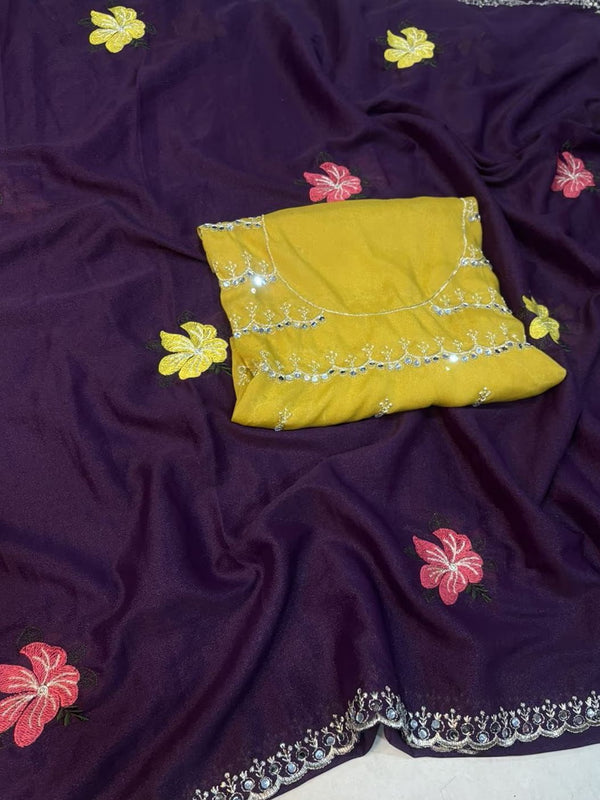Purple Georgette Floral Embroidered Mirror Work Saree