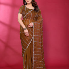 Brown Shimmer Georgette Sequin Embroidered Designer Saree