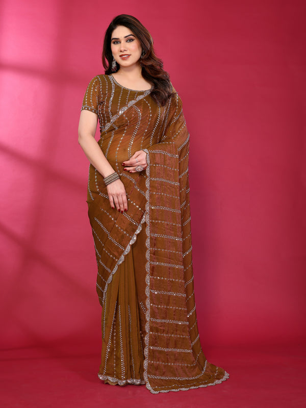Brown Shimmer Georgette Sequin Embroidered Designer Saree