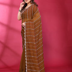 Brown Shimmer Georgette Sequin Embroidered Designer Saree