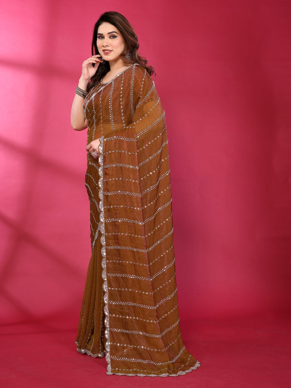 Brown Shimmer Georgette Sequin Embroidered Designer Saree