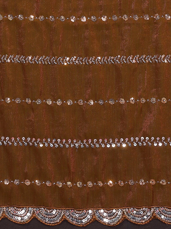 Brown Shimmer Georgette Sequin Embroidered Designer Saree