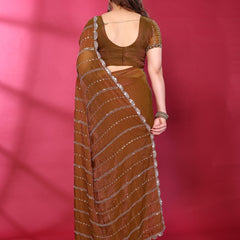 Brown Shimmer Georgette Sequin Embroidered Designer Saree