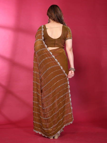 Brown Shimmer Georgette Sequin Embroidered Designer Saree