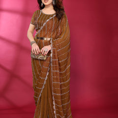 Brown Shimmer Georgette Sequin Embroidered Designer Saree
