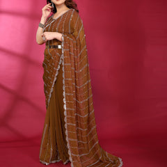 Brown Shimmer Georgette Sequin Embroidered Designer Saree