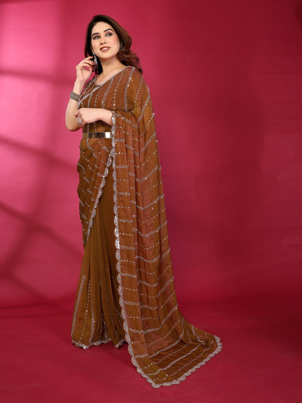 Brown Shimmer Georgette Sequin Embroidered Designer Saree