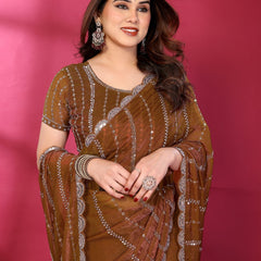Brown Shimmer Georgette Sequin Embroidered Designer Saree