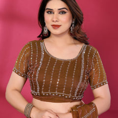 Brown Shimmer Georgette Sequin Embroidered Designer Saree