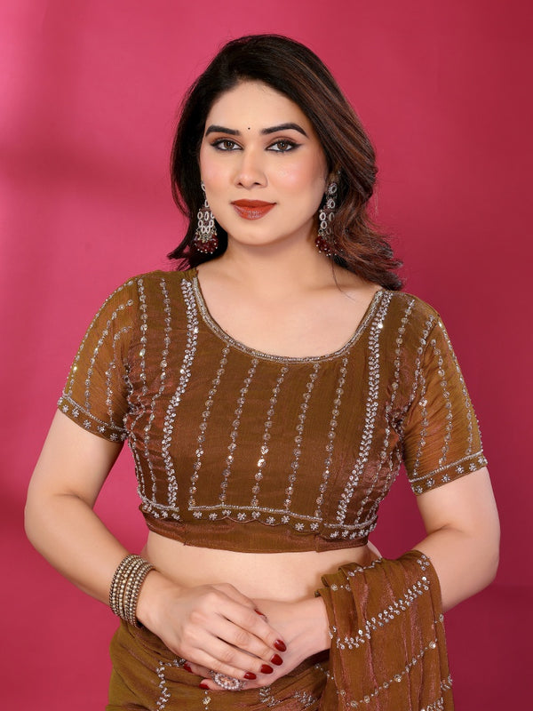 Brown Shimmer Georgette Sequin Embroidered Designer Saree