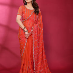 Gajari Orange Shimmer Georgette Sequin Embroidered Designer Saree