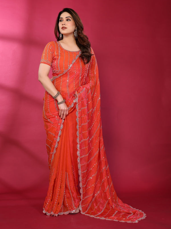 Gajari Orange Shimmer Georgette Sequin Embroidered Designer Saree