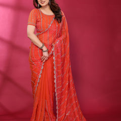 Gajari Orange Shimmer Georgette Sequin Embroidered Designer Saree