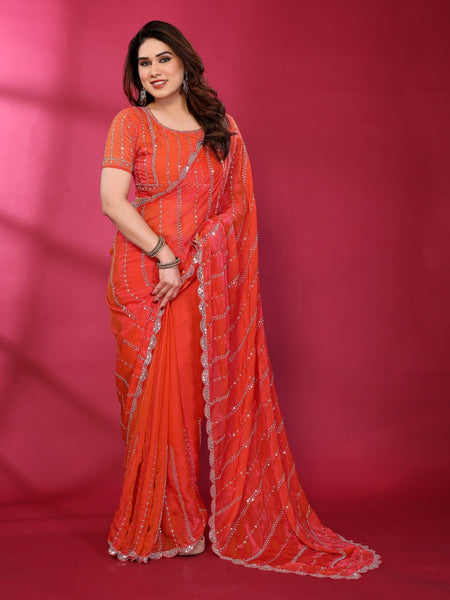 Gajari Orange Shimmer Georgette Sequin Embroidered Designer Saree