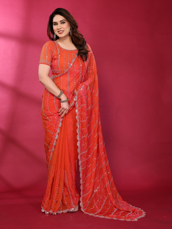 Gajari Orange Shimmer Georgette Sequin Embroidered Designer Saree