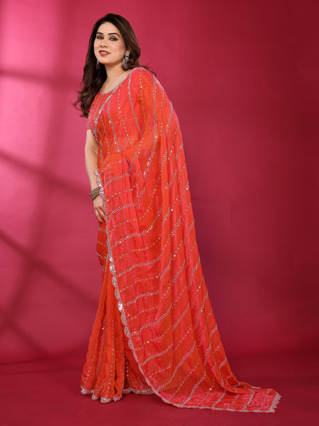 Gajari Orange Shimmer Georgette Sequin Embroidered Designer Saree