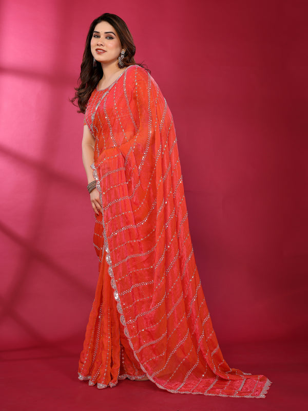 Gajari Orange Shimmer Georgette Sequin Embroidered Designer Saree
