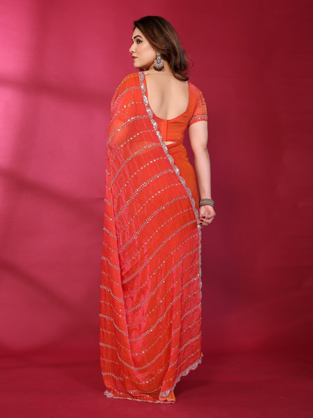 Gajari Orange Shimmer Georgette Sequin Embroidered Designer Saree