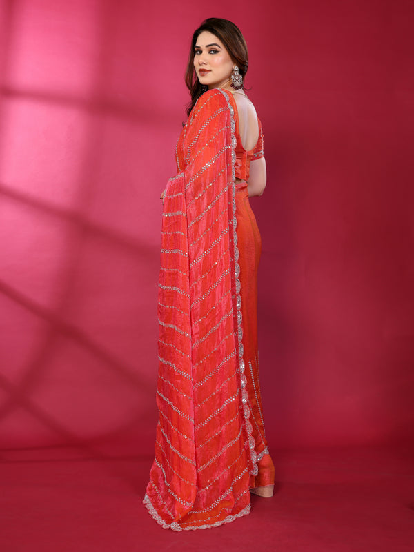 Gajari Orange Shimmer Georgette Sequin Embroidered Designer Saree