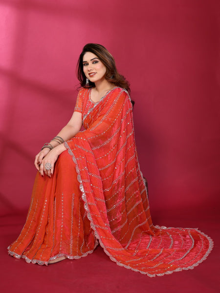 Gajari Orange Shimmer Georgette Sequin Embroidered Designer Saree