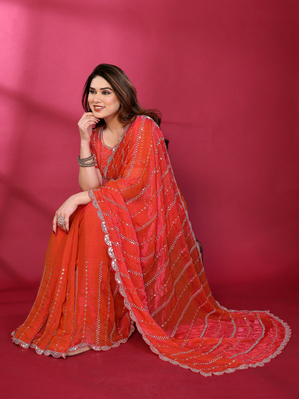 Gajari Orange Shimmer Georgette Sequin Embroidered Designer Saree