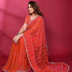 Gajari Orange Shimmer Georgette Sequin Embroidered Designer Saree